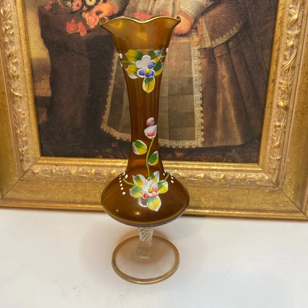 Art Glass Bud Vase Hand Painted Enamel Floral Amber Glass Twisted Stem 8